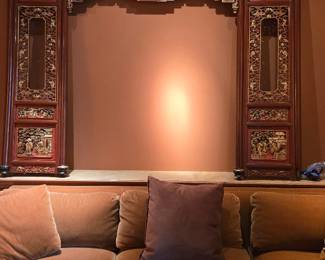 Antique carved wood frame from Southern China facade for a bed chamber.
