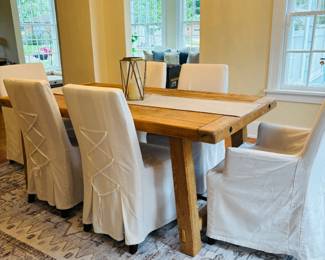 Pottery Barn dining table (fixed vs. adjustable) w/ 4 chairs-captain chairs not for sale-washable 8 x 10 rug (still new!)