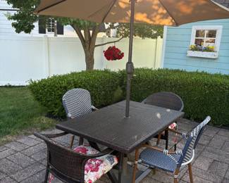 Umbrella, pole, & stand for sale; chairs for sale
