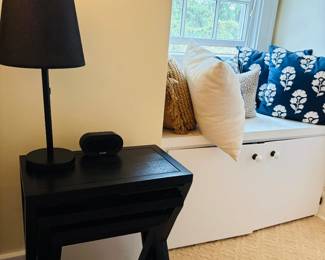 3 nesting tables, 2 matching beside lamps, alarm clock, various throw pillows for all seasons