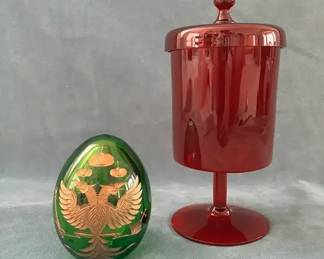 Green Glass Russian Souvenir Etched Egg
