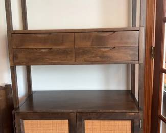 MidCentury Bookcase With Rattan Doors And Drawers