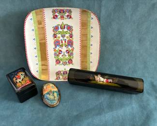 Hand Painted Sovietski Lacquer Boxes And Austrian Enamel Plate