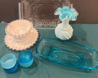 Fenton Ruffle Vase Milk Glass Bowl and Plate Other Blue Glass