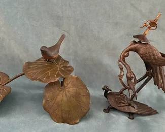Lacquered Metal Bird On Limb And Crane Candle Stand For Repair