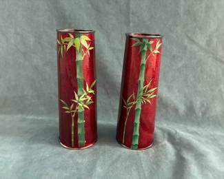 Pair Of Red Enamel Bamboo Motif Vases