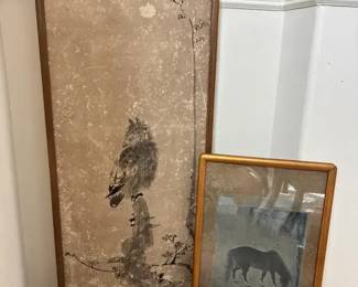East Asian Scroll Painting of Owl Horse Willow Tree Print