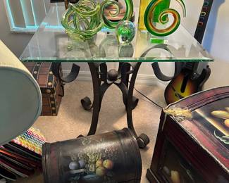 Glass table, vases, trunk