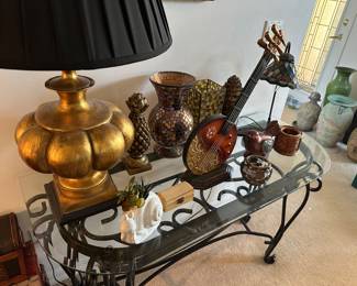 Gold lamp with black shade/ glass top table