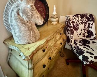 Horse head, Bombay front dresser, cowhide desk chair