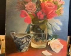 floral with blue and white pitcher