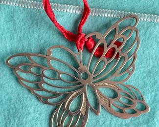 Vintage Tiffany & Co. Sterling Butterfly Ornament Delicate sterling silver openwork filigree butterfly holiday ornament.
