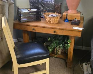 Mission style oak desk, basement. 