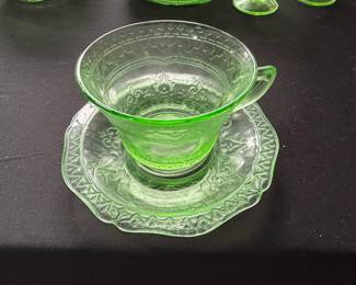 Green Uranium Glass Royal Lace Tea Cup and Saucer