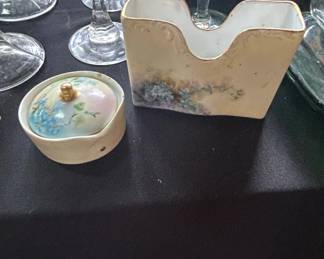 Vintage Hand Painted Porcelain Trinket Box and Napkin Holder Set