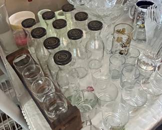 Vintage Glass Milk Bottles with Lids, Cut Glass Punch Bowl Set, and Assorted Drinking Glasses