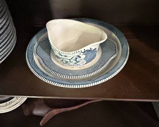 Currier Ives Early Winter Blue Rim Soup Bowls and Gravy Boat