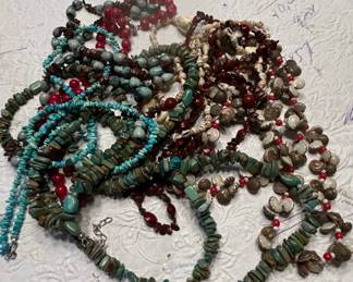 Assorted Natural Stone and Shell Necklaces, likely Native American