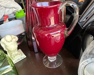 Vintage Ruby Red Glass Pitcher with Clear Pedestal and Handle