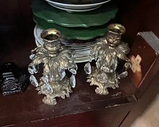 Ornate Gilt Metal and Crystal Cherub Candlesticks