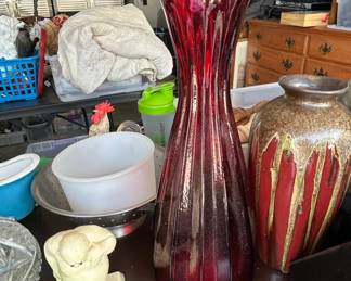 San Miguel Ribbed Ruby Red Glass Vase