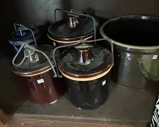 Assorted Stoneware Cheese Crocks with Lids and Wire Bail Handles