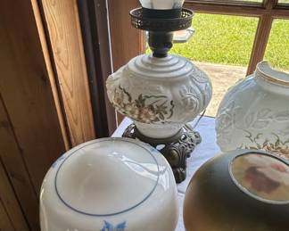 Gone With The Wind Style Oil Lamp with Floral Etchings and Three Replacement Shades
