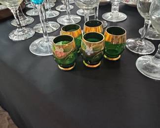 Set of Four Green Glass Cordial Glasses with Gold Rim and Floral Detail