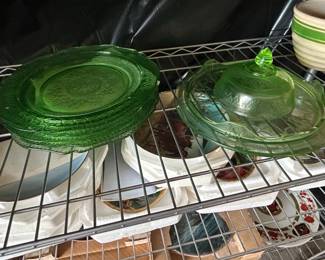 Federal Glass Patrician Green Depression Glass Plates and Covered Dish