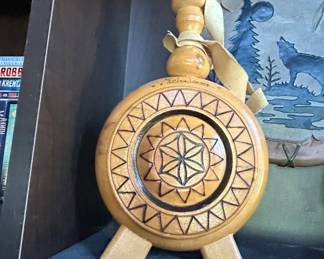 Folk Art Hand Carved Wooden Flask with Geometric Design