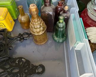 Assorted Vintage Apothecary and Perfume Bottles with Cast Iron Piece