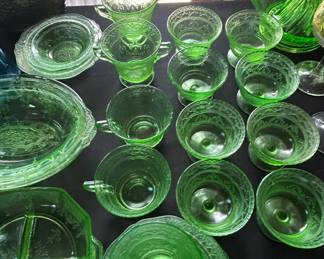 Green Uranium Glassware Set Federal Georgian Love Bird Pattern