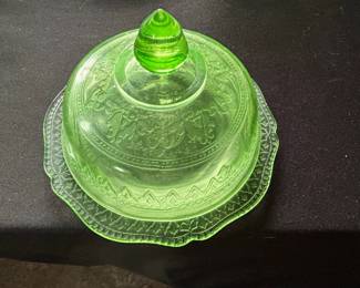 Green Depression Glass Covered Butter Dish Princess Pattern