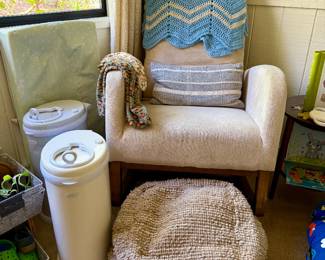 Diaper genies, poof, baby rocking chair, various throws, boy little kid shoes