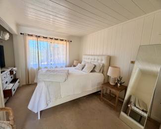 West Elm headboard & bed frame, CB2 standing mirror, reclaimed wood end table