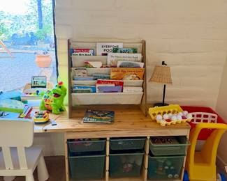 Kids Ikea desk & craft table with chairs, bins and lots of toys