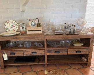 Four Hands Media Console, antique & vintage Wedgewood, cut glass & crystal dishes, bowls, cruets, salt & peppers & a candy jar