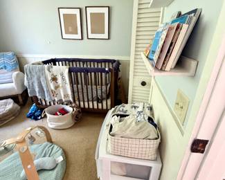 Toddler room packed with boy toddler & baby clothing, kid books, a like new crib, rocking chair