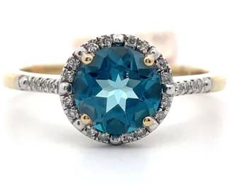1/6ctw Natural Diamond & Blue Topaz Round Pavé Halo Ring in Yellow Gold