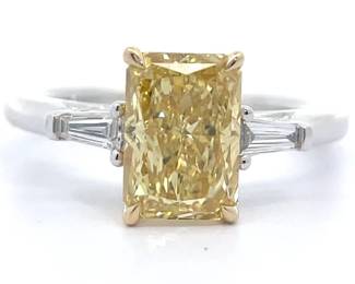 2.50 Carat Fancy Yellow & White Diamond Radiant & Baguette Three-Stone Ring in 14k Gold