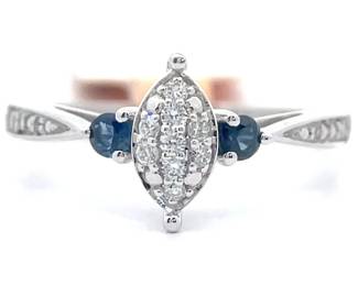 Natural Diamond & Blue Sapphire Art Deco Ring in White Gold