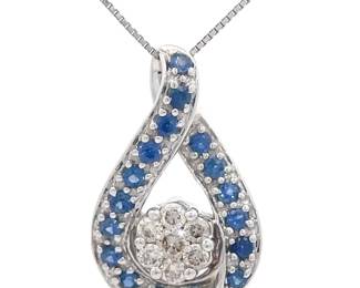 Natural Blue Sapphire & Diamond Infinity Symbol Love Knot Pendant in 18k White Gold