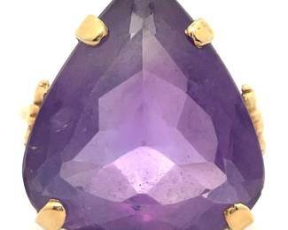 LARGE 10 Carat Natural Amethyst Pear Solitaire Ring in 14k Yellow Gold
