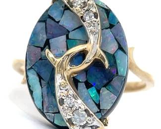 Mosaic Opal & Natural Diamond Oceanic Curved Ring in 14k Yellow Gold
