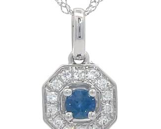 0.20 Carat Natural Sapphire & Natural Diamond Geometric Pendant Necklace in 14k White Gold