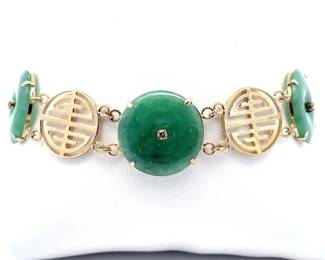Natural Green Jade Hololith 14k Yellow Gold Asian Character Link Bracelet