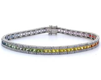 Estate Rainbow Natural Sapphire & Natural Diamond Tennis Bracelet in 14k White Gold (17.49 grams!)