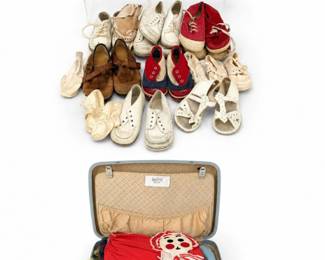 59 VintageBabyShoesAndMysteryClothingSuitcaseCollection