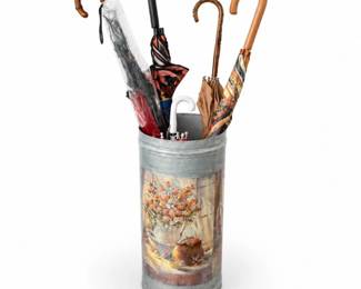 103 VintageMetalUmbrellaStandWithFloralCountrySceneAndUmbrellas
