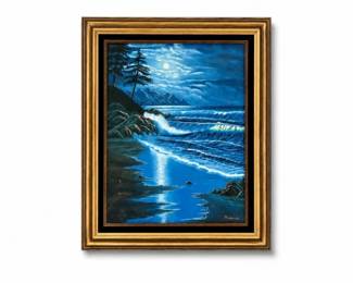 83 VintageSignedMoonlitSeascapeOilPaintingFramed